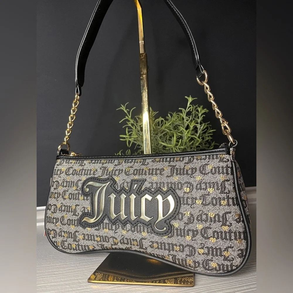 Juicy Couture Poker Face Black & Gold Baguette Shoulder Bag Logo Print NWT
